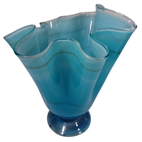 Hand Blown Ocean Waves Gradient Blue Art Glass Pedestal Vase Murano Vintage MCM - Picture 7 of 15